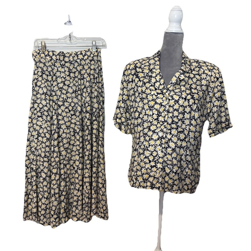 VTG 80s 90s JH Collectibles 10 Navy Blue Yellow White Floral Skirt Set Union Tag